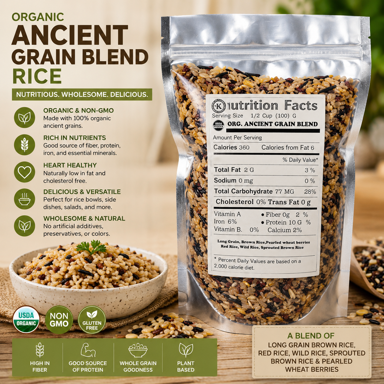2 LB Grown Organic Long Grain ANCIENT BLEND Wild Rice