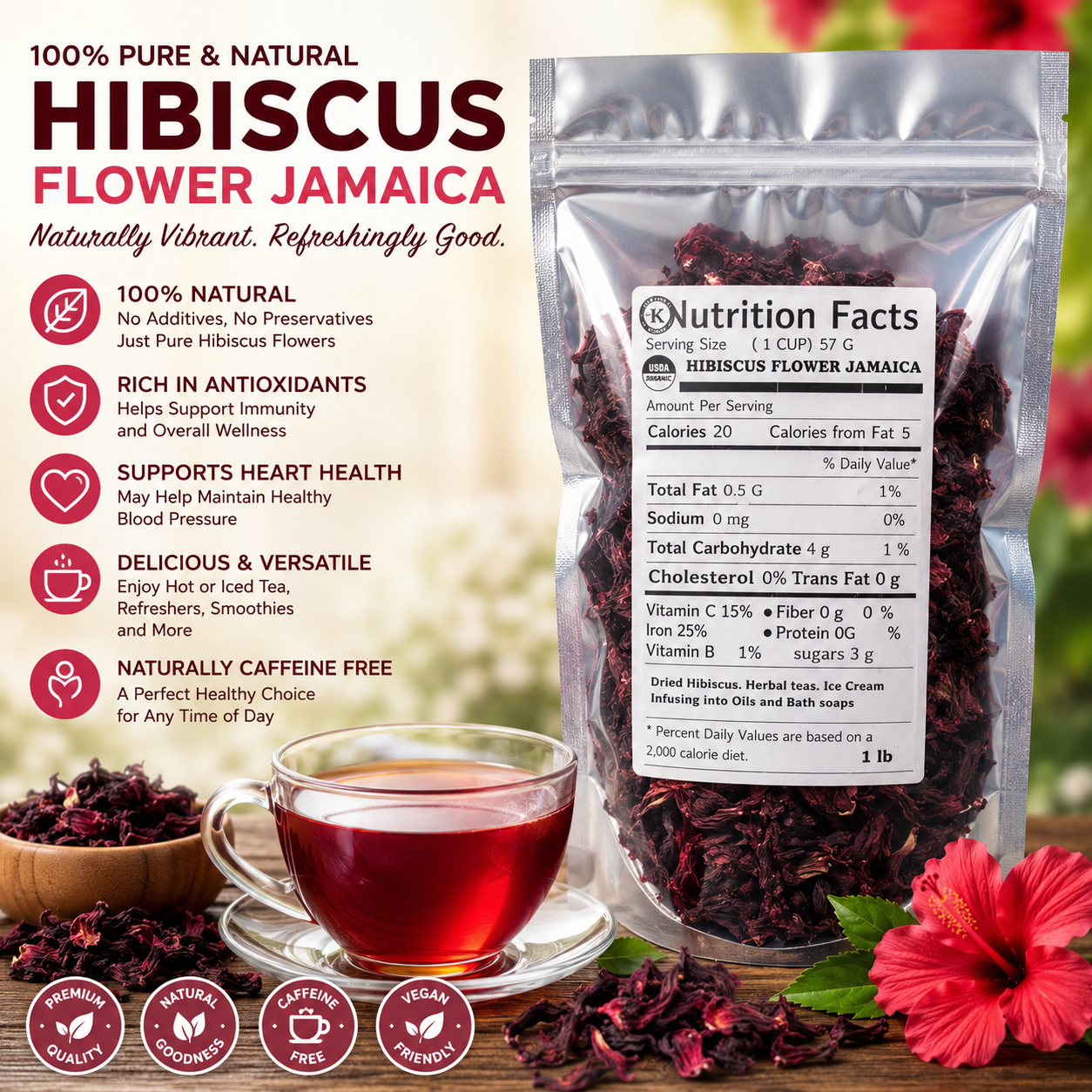 1 Lb Organic Real Dried Cut Hibiscus Flowers Tea, Te Jaimaica