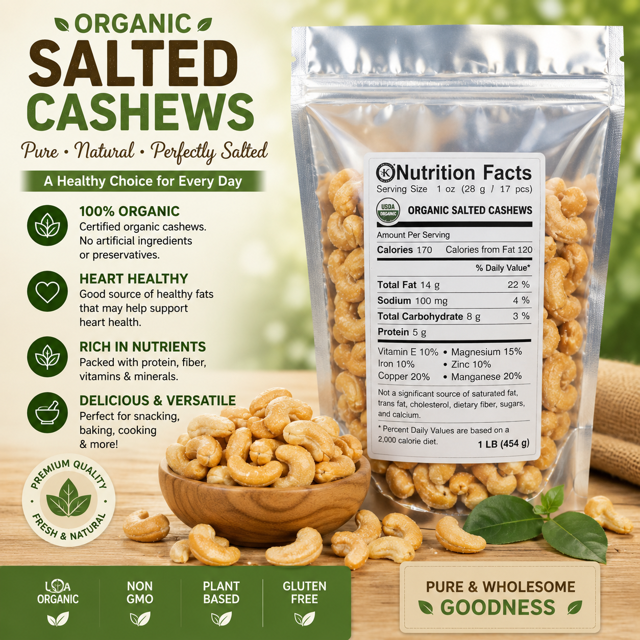 2 LB of CASHEWS Fresh Bulk Roasted Salted Premium Whole and halves Kernels