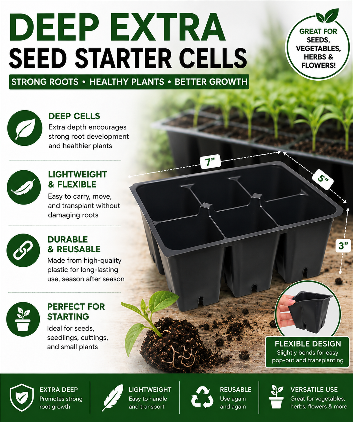 300 DEEP Extra Large Cells Total (50 Trays of 6 Cells Each)Seed Starter Trays