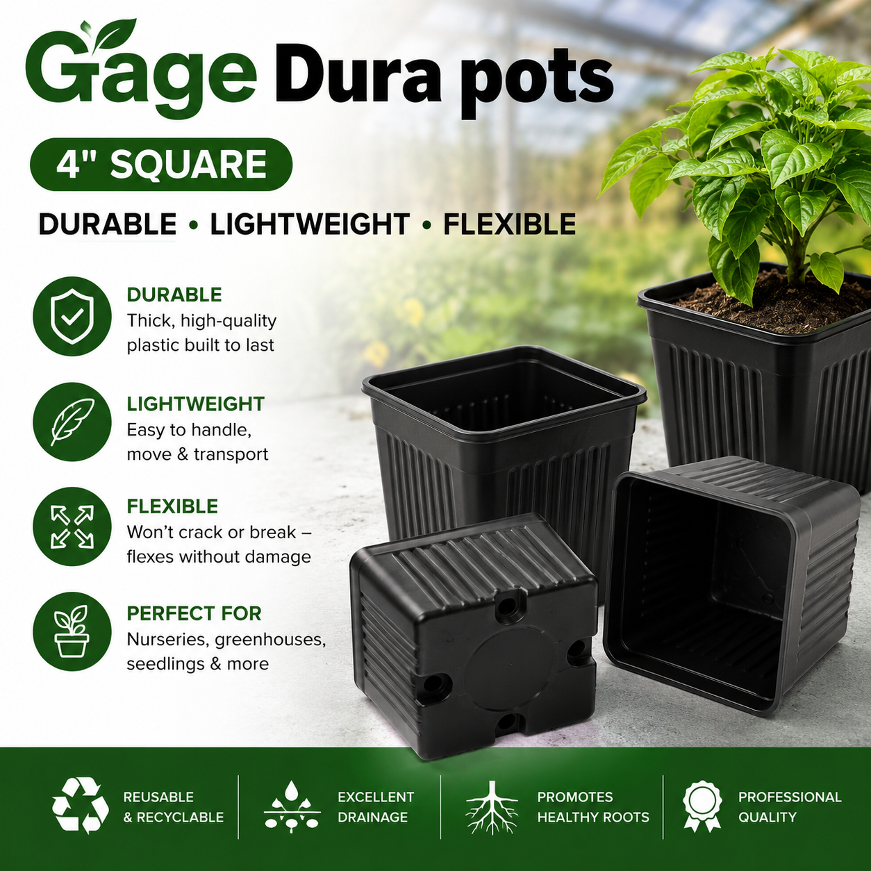 100 Qty 4" Sq Durable Lightweight Flexible Nursery Gage Dura Pots