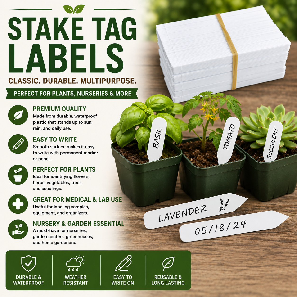 100 Qty 4" x 5/8 white plastic plant labels nursery stake tags