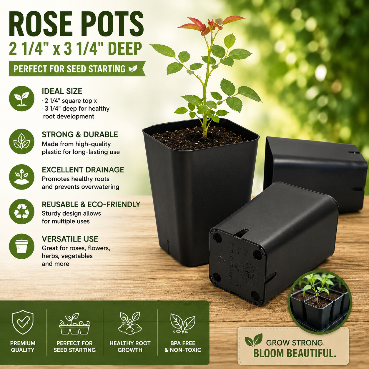 100 Rose pots 2 1/4" sq x 3 1/4" Deep Seed Starting Black Durable reusable